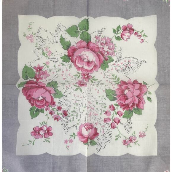 1960s Blooming Pink Roses Floral Design Cotton Lady's Handkerchief - Picture 6 of 7